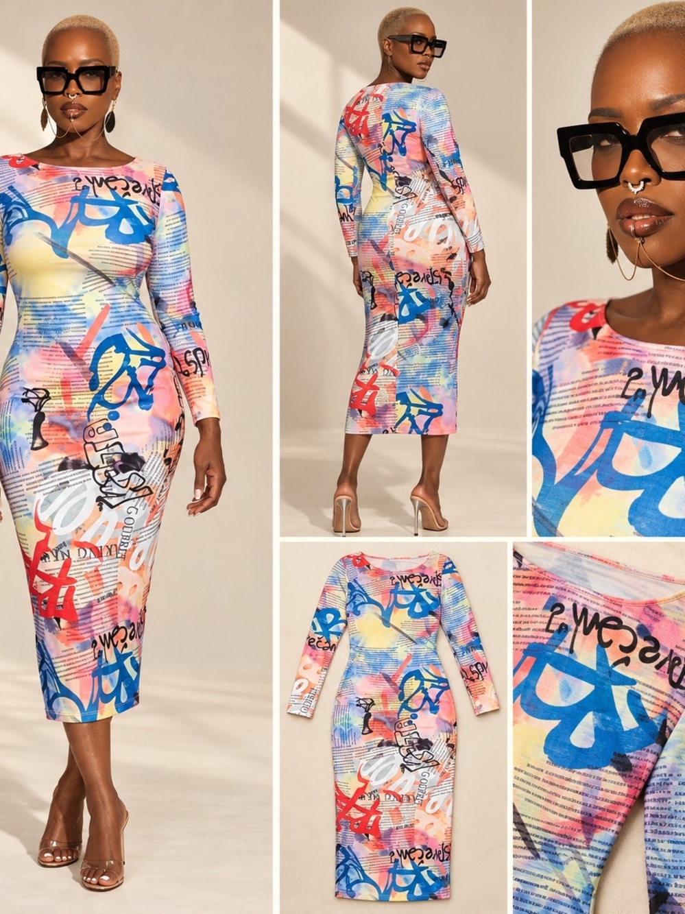 Long Sleeve Graffiti Print Bodycon Midi Dress - Multicolor
